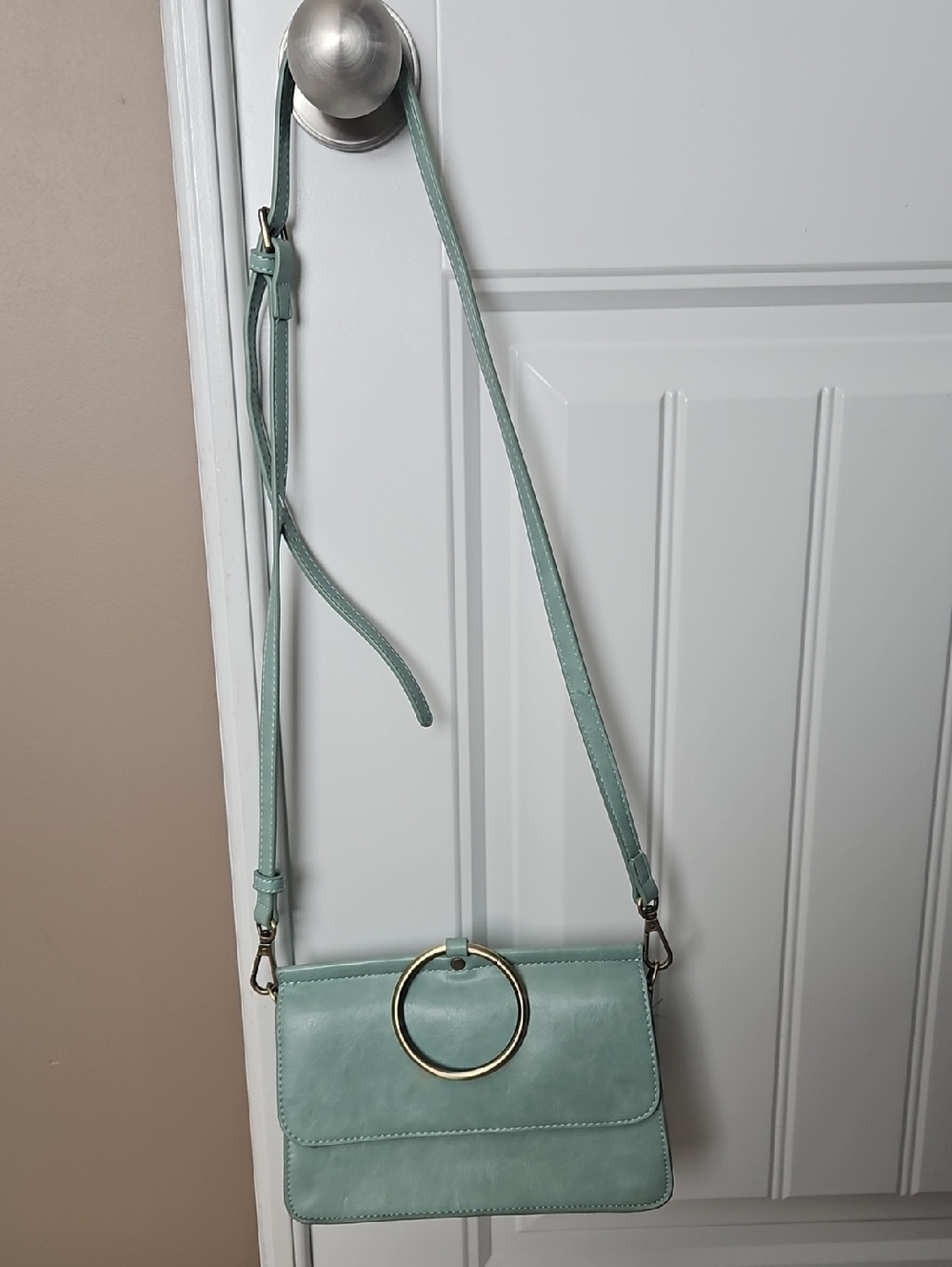 Mint Green Crossbody Bag with Gold Ring Accent - New